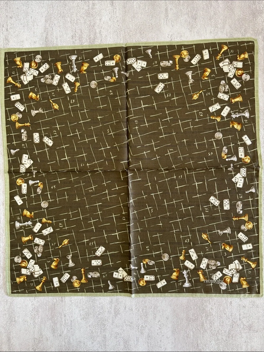 Trussardi Olive Green cotton Scarf with Gold and White Motifs